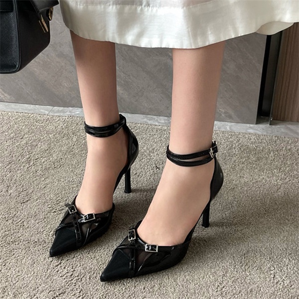 Giày Cao Gót Da Phối Lưới Thoáng Khí Mũi Nhọn 3.15 Inch Thời Trang Cho Nữ Size 35-40