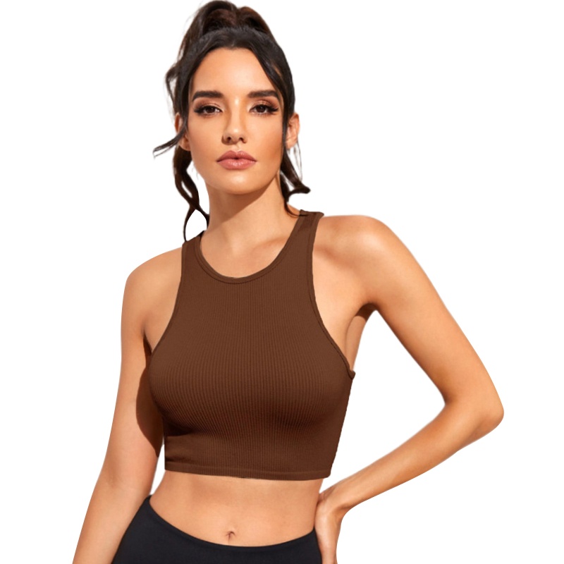 Áo Croptop Dệt Kim Sát Nách Cổ Tròn Có Gân Đơn Giản Cho Nữ Tập Yoga / Thể Thao