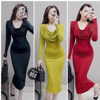 Đầm body tay dài trễ ngực chất thun dẻo thích hợp mặc đi làm đi chơi phù hợp với mọi phong cách