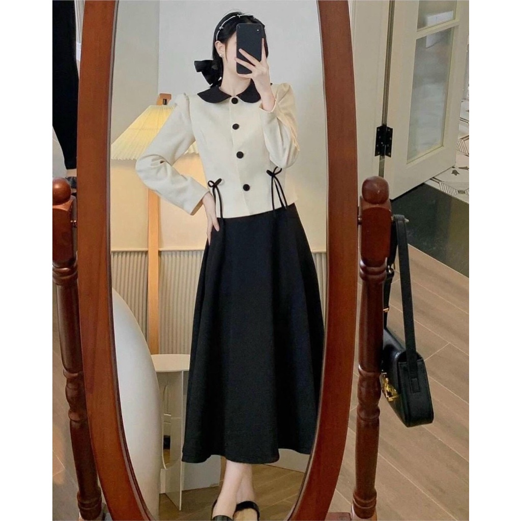 Set lụa phối áo cổ bèo đính nút dáng croptop kèm chân váy suông midi màu đen , thời trang bánh bèo