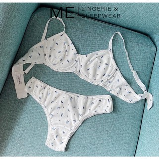 Bộ đồ lót cotton IRIS hoa xanh nền trắng có gọng tròn nâng ngực cao cấp MElingerie & Sleepwear