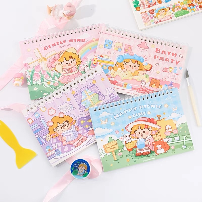 Sổ Chiết Sticker Washi Sổ Lò Xo 40 Tờ Hình Cô Gái Tóc Xoăn Dễ Thương
