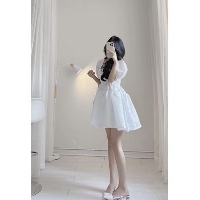 Váy gấm cổ vuông chun ngực by Samhyewear