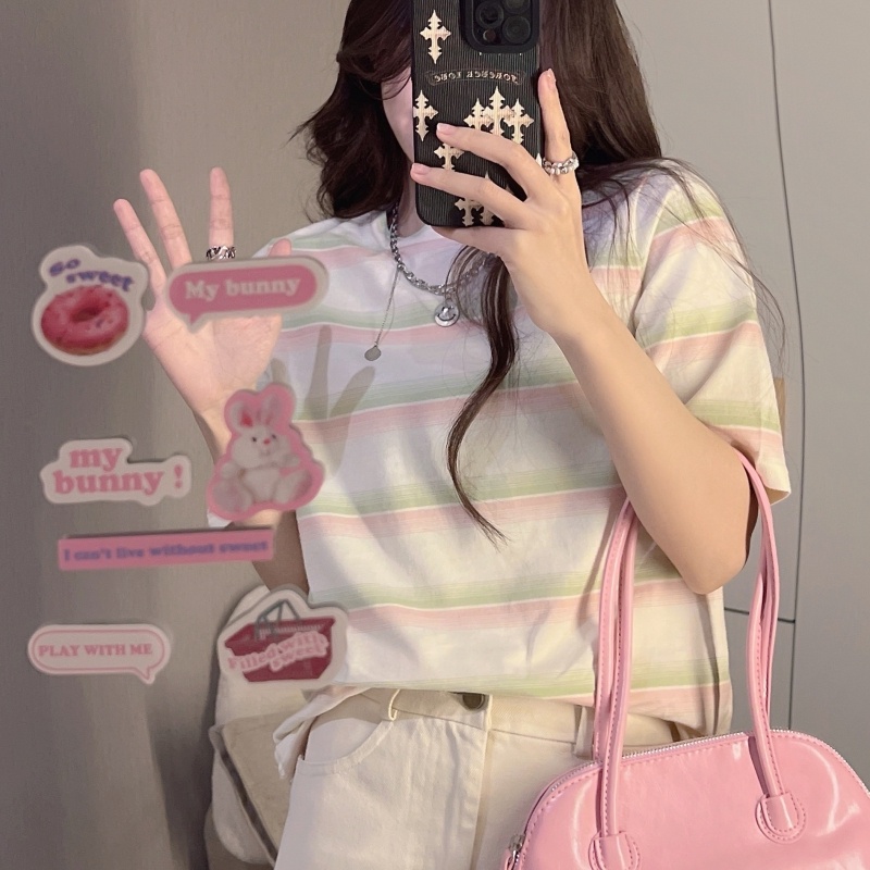 ZHELIHANGFEI Áo Thun Tay Ngắn Cổ Tròn Dáng Rộng Họa Tiết Kẻ Sọc Thời Trang Dễ Phối Đồ Cho Nữ