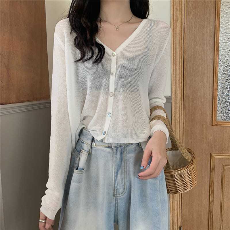 áo kiểu khoác cardigan dệt kim tay dài sơ mi croptop len cổ chữ v chất liệu lụa chống nắng thời trang cho nữ