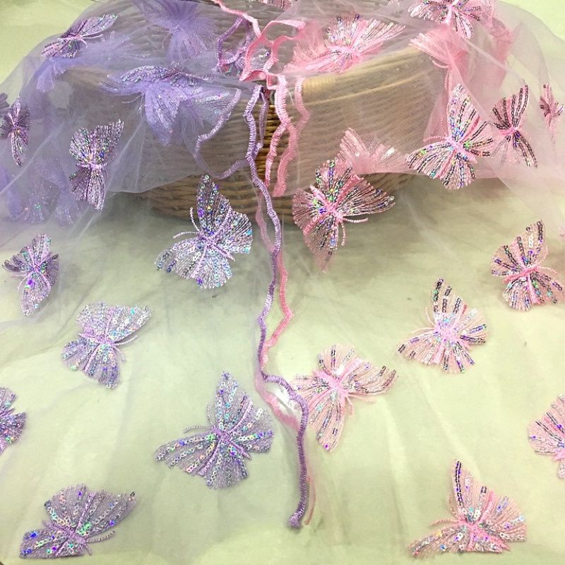 Tấm Vải Ren Lưới Thêu Hình Bướm Đính Kim Sa Lấp Lánh Dùng May Quần Áo DIY