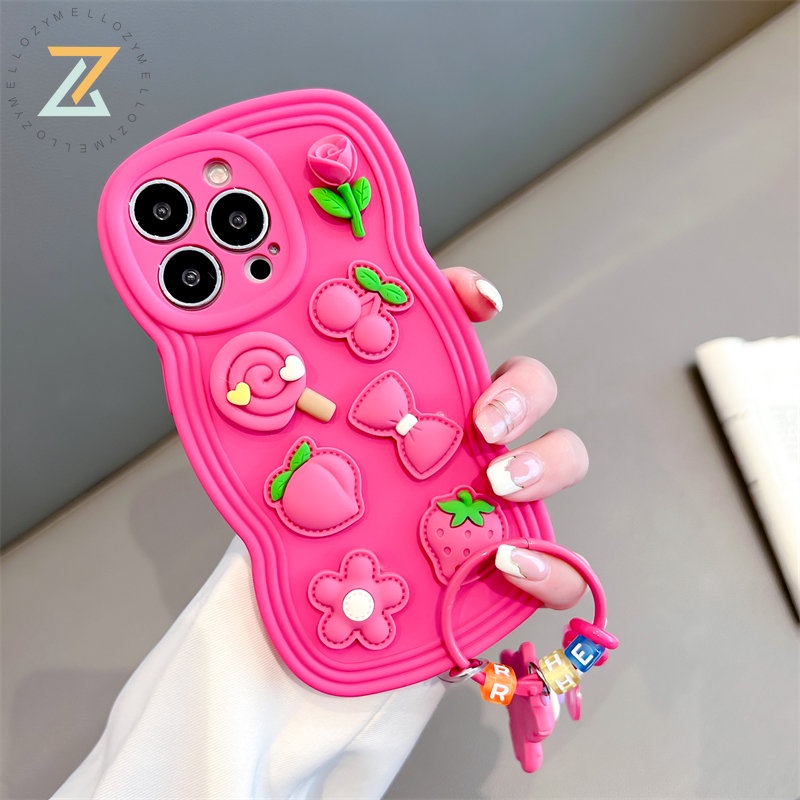 OPPO Reno 8T 5G Reno 8T 4G Reno 8Z 5G Reno 7Z 5G Reno 8 5G Reno 6 5G Reno 5 5G Narzo-50 Mặt dây chuyền hình gấu dâu dễ thương Big Wave Vỏ điện thoại silicon