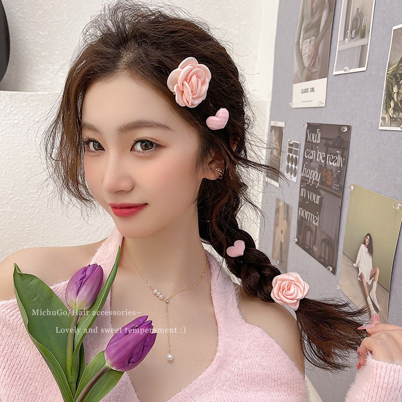 Kẹp Tóc Bện Tạo Hình Hoa Hồng Đào Dễ Thương Cho Nữ