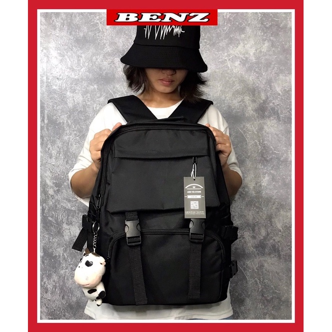 Balo học sinh Ulzang cặp đi học nam nữ bassic đen trơn có ngăn đựng laptop chất vải canvas chống thấm nước bền đẹp B 86 | BigBuy360 - bigbuy360.vn