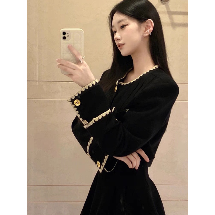 Set đồ nữ - Váy nhung dáng dài Quảng Châu thiết kế dài tay phối viền ren tiểu thư KimAnh Fashion