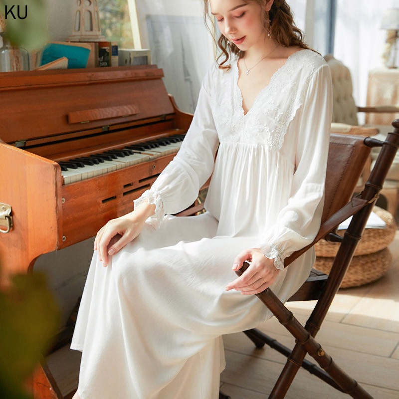 Đầm Ngủ Cotton Dáng Dài Cổ Chữ V Tay Dài Màu Sắc Trơn Phong Cách Hoàng Gia Cổ Điển Quyến Rũ Cho Nữ