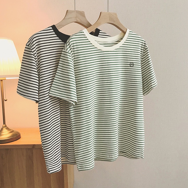 SUXI Áo Thun Tay Ngắn Cổ Tròn Dáng Rộng Thêu Họa Tiết Kẻ Sọc Thời Trang Mùa Hè Xinh Xắn Cho Nữ