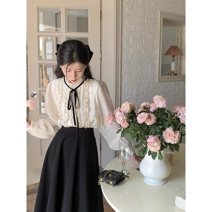 Áo Sơ Mi Nữ MYAN Thiết Kế Dài Tay Nơ Cổ Phối Bèo Dọc Thân Cúc Ngọc Sang Chảnh Chất Voan Màu Be Avn012307
