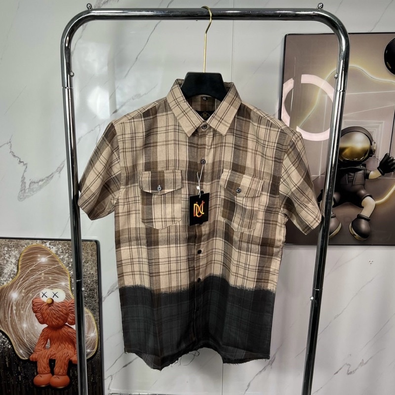 Áo sơ mi nam bbr ngắn tay loang màu rách gấu kẻ sọc caro nhiều , chất liệu cotton thấm hút mồ hôi cực kỳ tốt