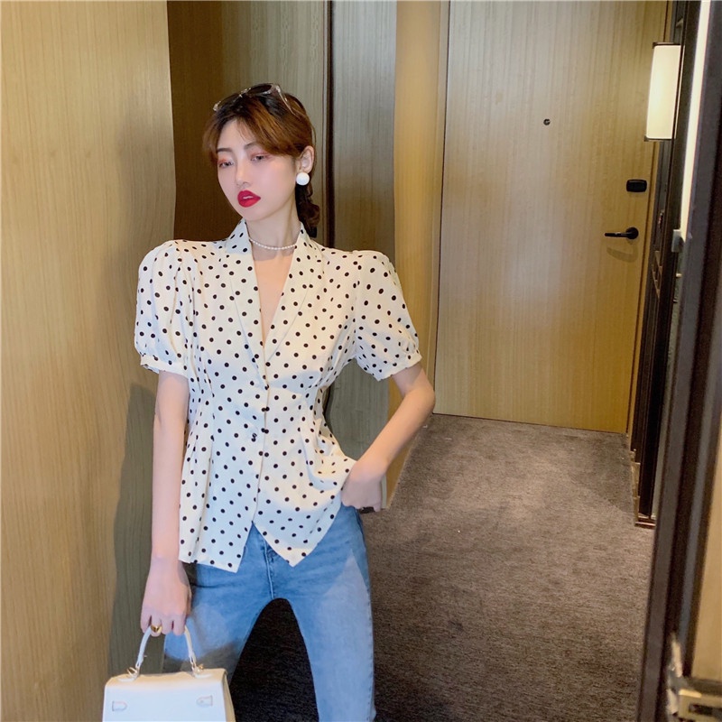 SUXI Áo Sơ Mi Tay Ngắn Họa Tiết Chấm Bi Phong Cách Vintage Hàn Quốc