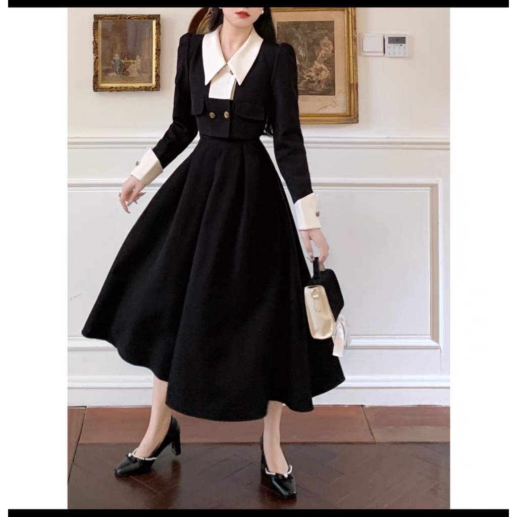 Sét Váy Áo Cổ Bèo Trắng Chất Umi Hàn, Áo Dáng Ngắn, Chân Váy Cạp Cao Sang Chảnh_Nhận Hạ_Dress