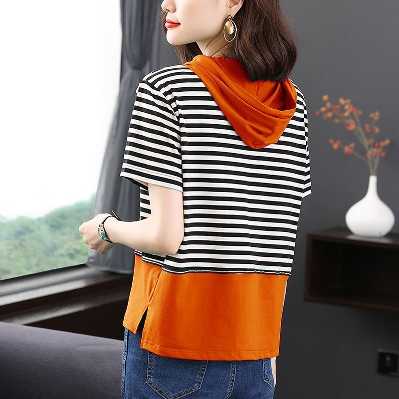 Áo Thun Cotton Tay Ngắn Dáng Rộng Có Nón Họa Tiết Kẻ Sọc Thời Trang Mùa Hè Mới Cho Nữ