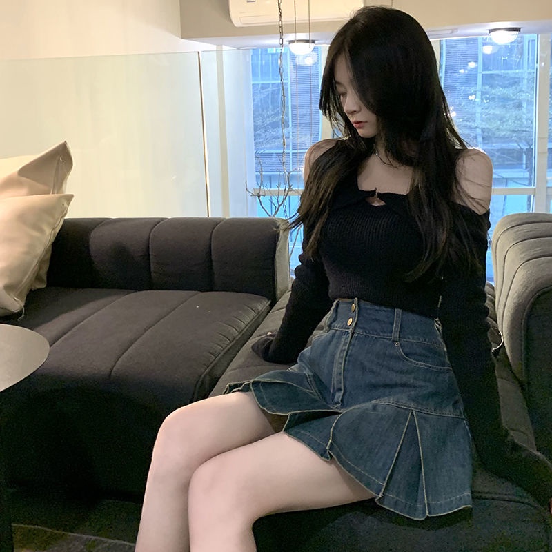 IMAODOU Chân váy denim  chữ A xếp ly lưng cao thời trang mùa hè cho nữ