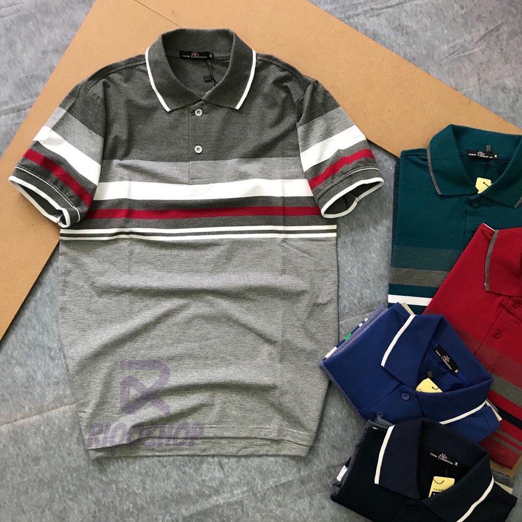 Áo nam cho người trung niên, áo thun nam ngắn tay form rộng sọc ngang RIOOSHOP RCP011 màu xám, xanh đen, đỏ, xám