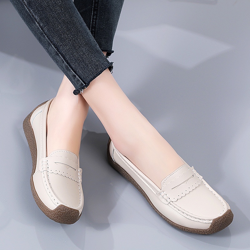 Giày Lười Da Bò Đế Bằng Thiết Kế Đơn Giản Thoải Mái Size 35-41 Thời Trang Cho Nữ