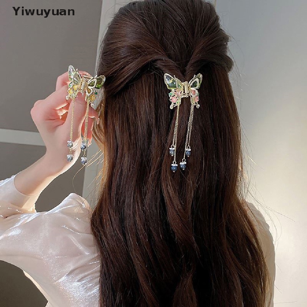 < Yiwuyuan > Kẹp Tóc Dài Tua Rua Hình Hoa Bướm Đính Ngọc Trai Thời Trang Cho Nữ