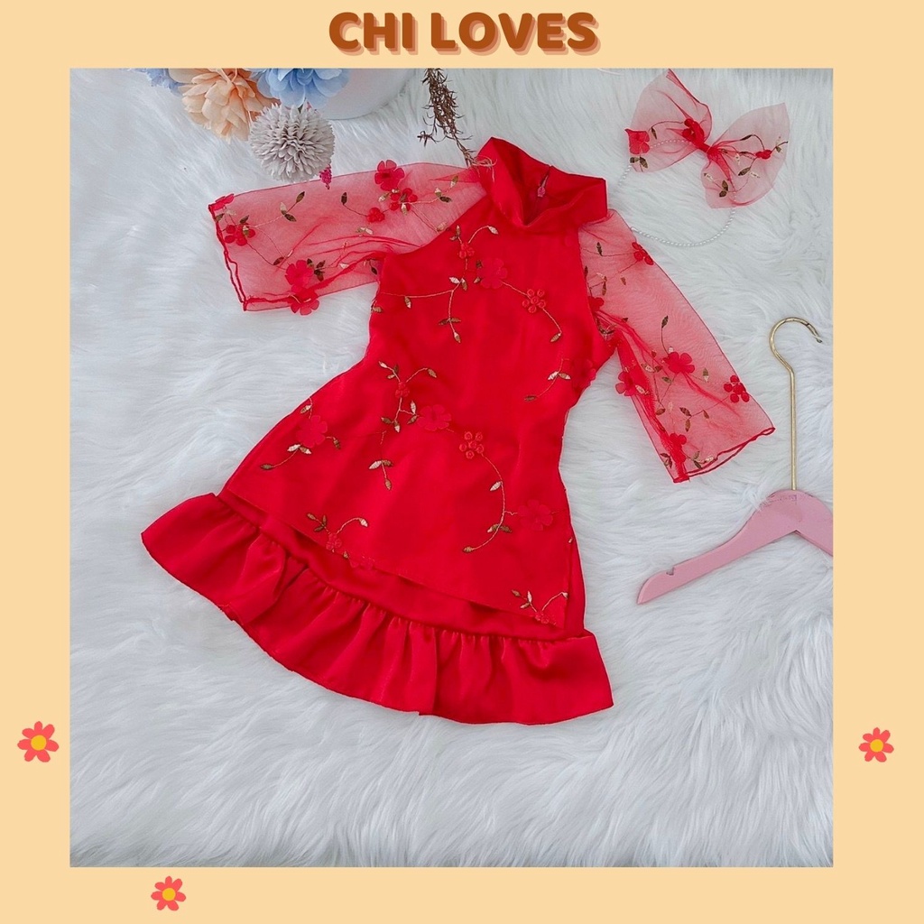 Áo dài cho bé gái thiết kế ren 3D CHI LOVES Áo dài cách tân cho bé gái chất lụa ngọc CT3