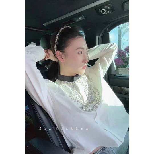 Áo sơ mi channel cổ đính đá ngọc