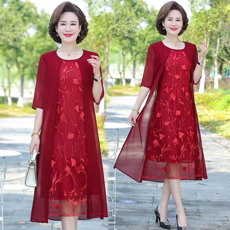 Đầm hoạ tiết thanh lịch duyên dáng xuân hè sully cho nữ trung niên U60 U70, thời trang trung niên DT