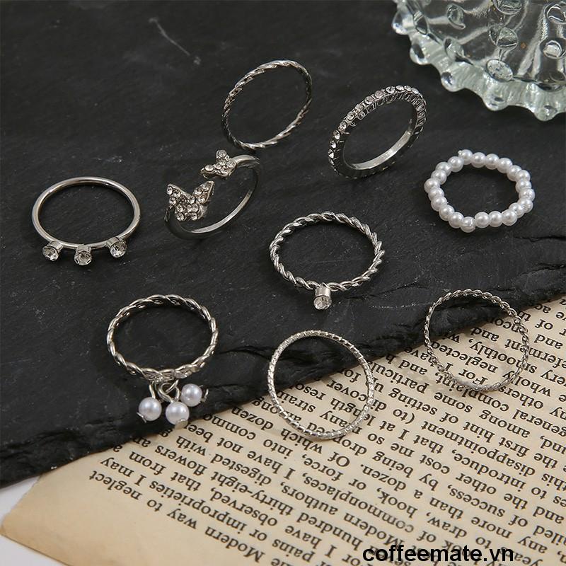 【coffeemate】⚡ Set 9 nhẫn bạc ngọc trai pha lê thanh lịch Bộ nhẫn mỏng rỗng cho nữ phụ kiện trang sức