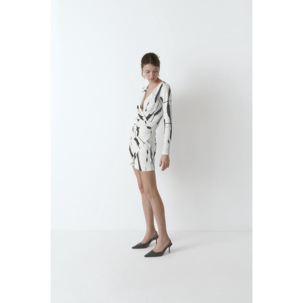 Made in Morocco - Đầm Zara đen trắng vạt chéo DT07LLG48N10