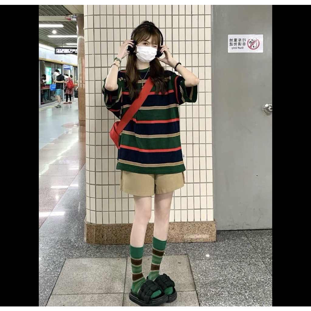 Bộ Thun Kẻ Đen Quần Short Nữ [FREESHIP]  Set áo phông tay lỡ kèm quần đùi kaki form oversize Ulzzang