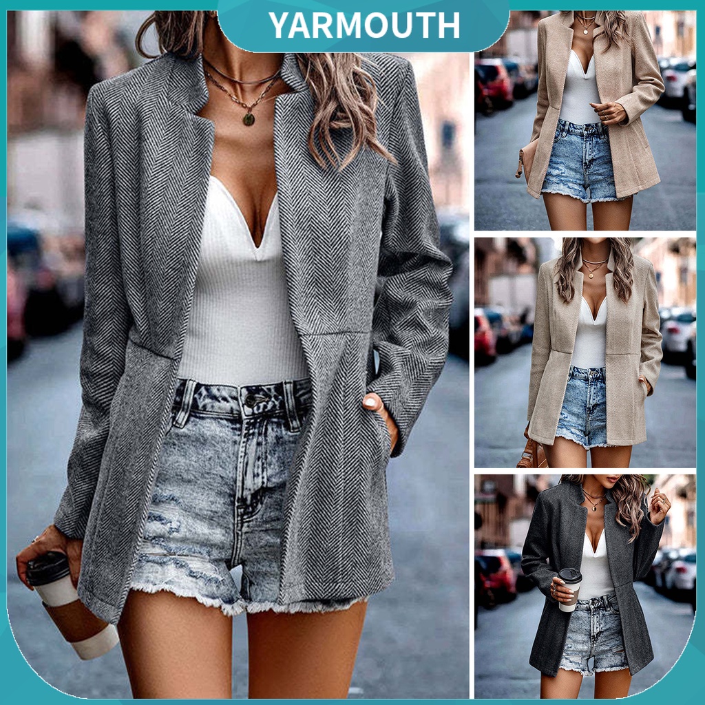 Yyr-áo Khoác Blazer Dài Ngang Eo Màu Trơn Có Túi Dành Cho Nữ Văn Phòng