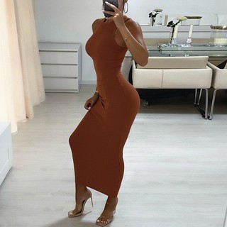 Thứ Hai8 Đầm Dài Không Tay Màu Trơn Sheath
