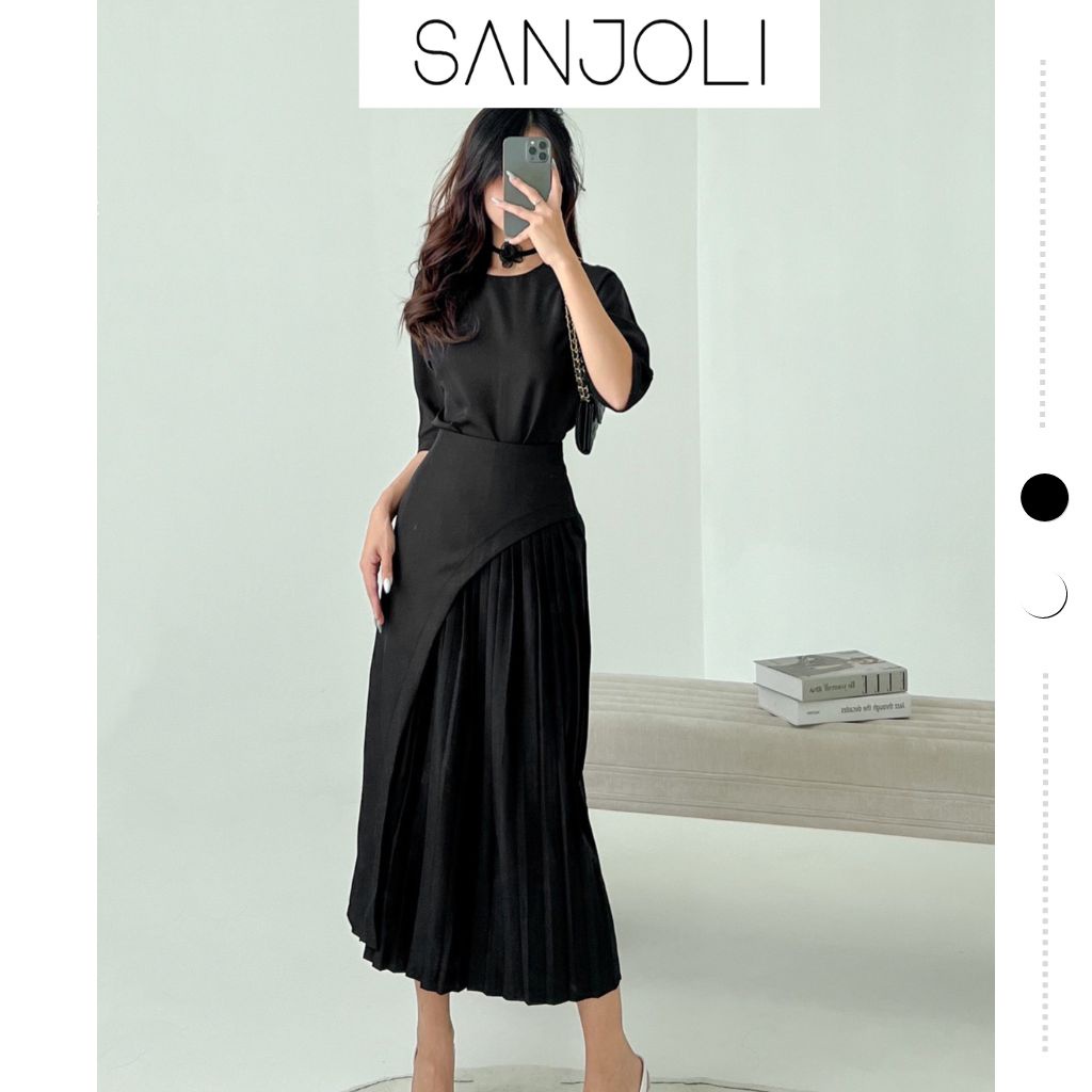 Set váy xếp ly vạt chéo công sở dáng dài Sanjoli phối áo cổ tròn tay ngắn thiết kế đi dự tiệc thời trang nữ VD008