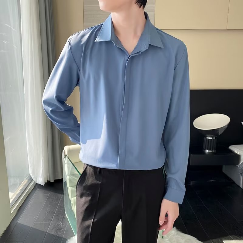 Áo Sơ Mi Vải Lụa Lạnh Mỏng Cao Cấp Dáng Rộng Tay Dài Màu Trơn Thời Trang Mùa Thu 2022 Phong Cách Hàn Quốc Cho Nam