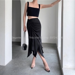 Chân váy lụa nhún bên Elegante 77180101 màu đen, be