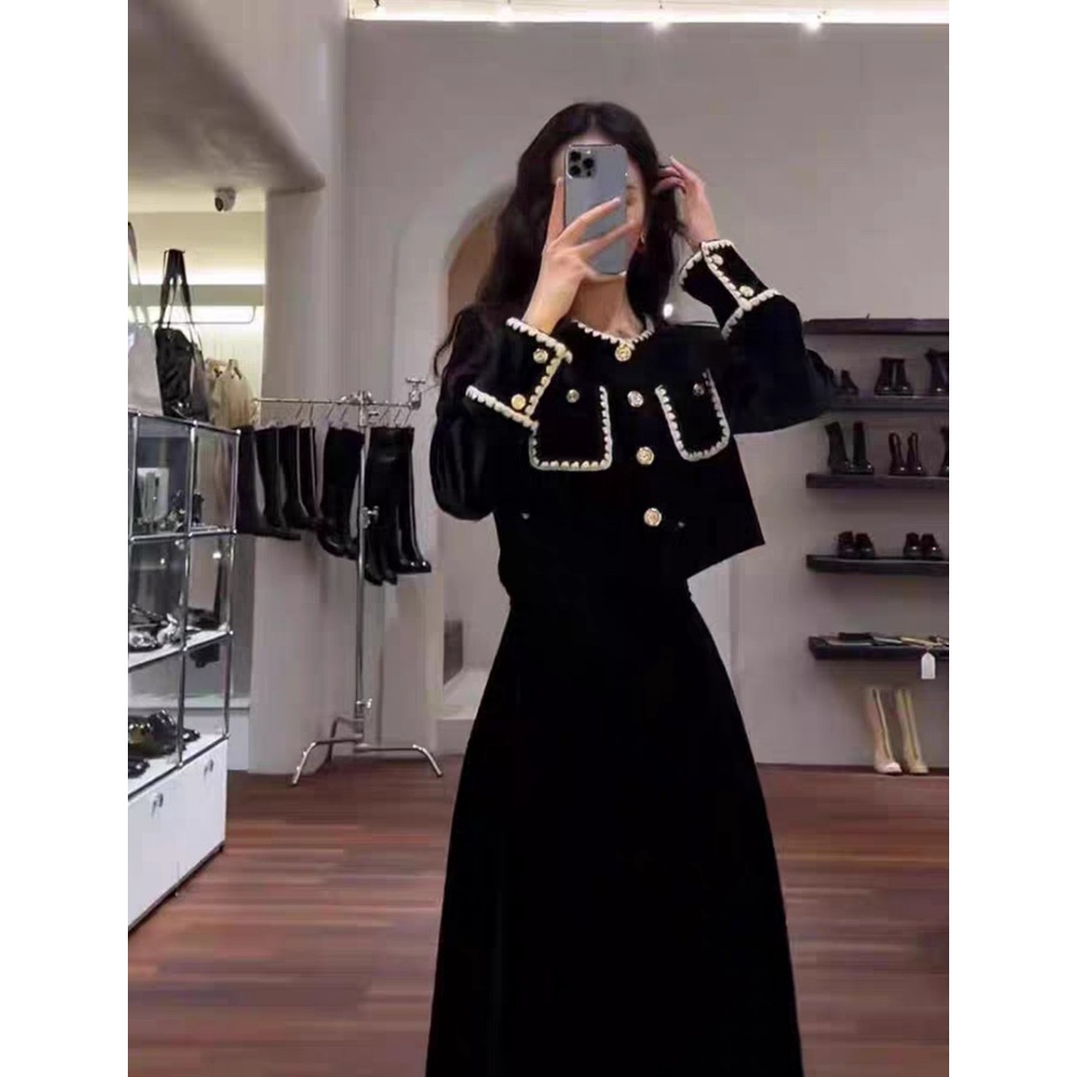 Set đồ nữ - Váy nhung dáng dài Quảng Châu thiết kế dài tay phối viền ren tiểu thư KimAnh Fashion