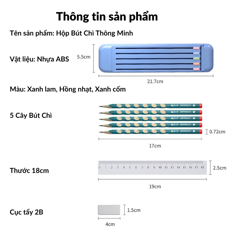 Bút Chì Hộp Thông Minh Gọn Nhẹ Siêu Bền Có 5 Cây Bút Chì 2B Thước Kẻ Và Cục Tẩy Sandrine HB-02 - Hàng Chính Hãng