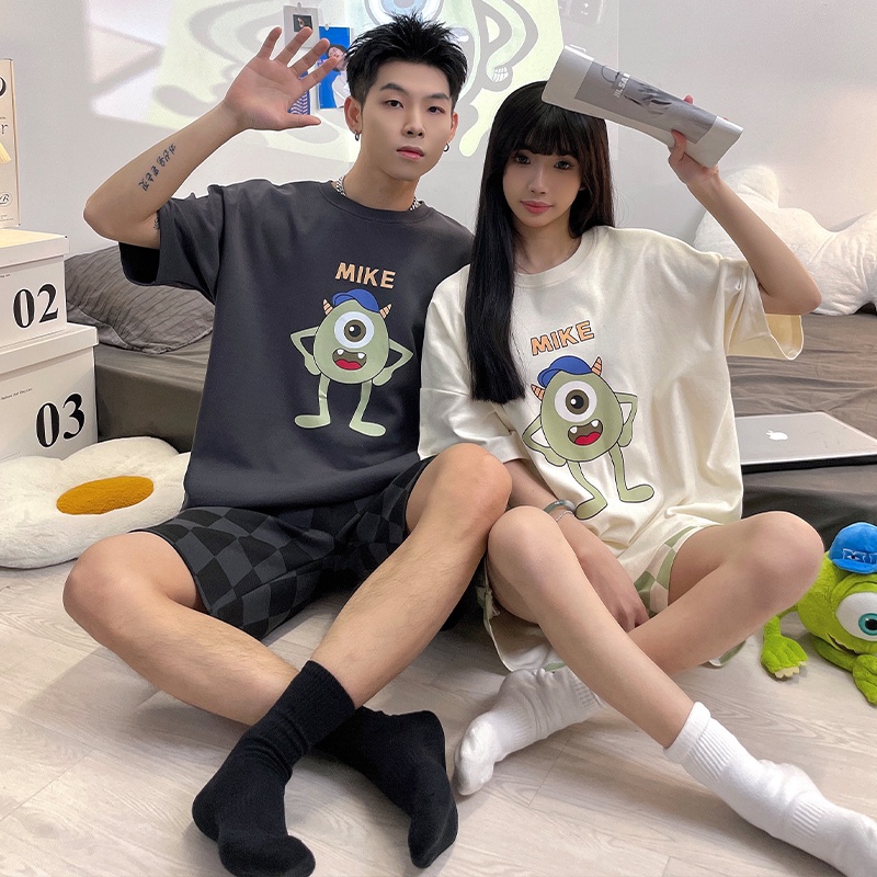 Bộ Đồ Ngủ Cotton Tay Ngắn In Hình Quái Vật Mắt To 2023 Dễ Thương Cho Cặp Đôi