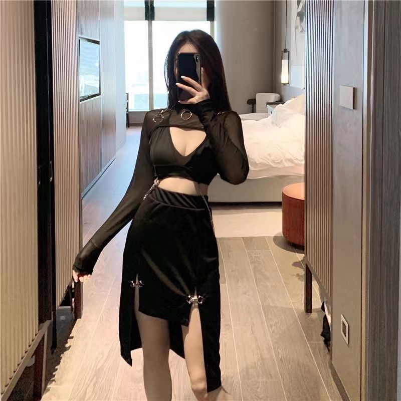 ♛♚♛Áo Croptop Tay Dài Cổ Tròn Xuyên Thấu Thời Trang Xuân Thu Quyến Rũ Cho Nữ