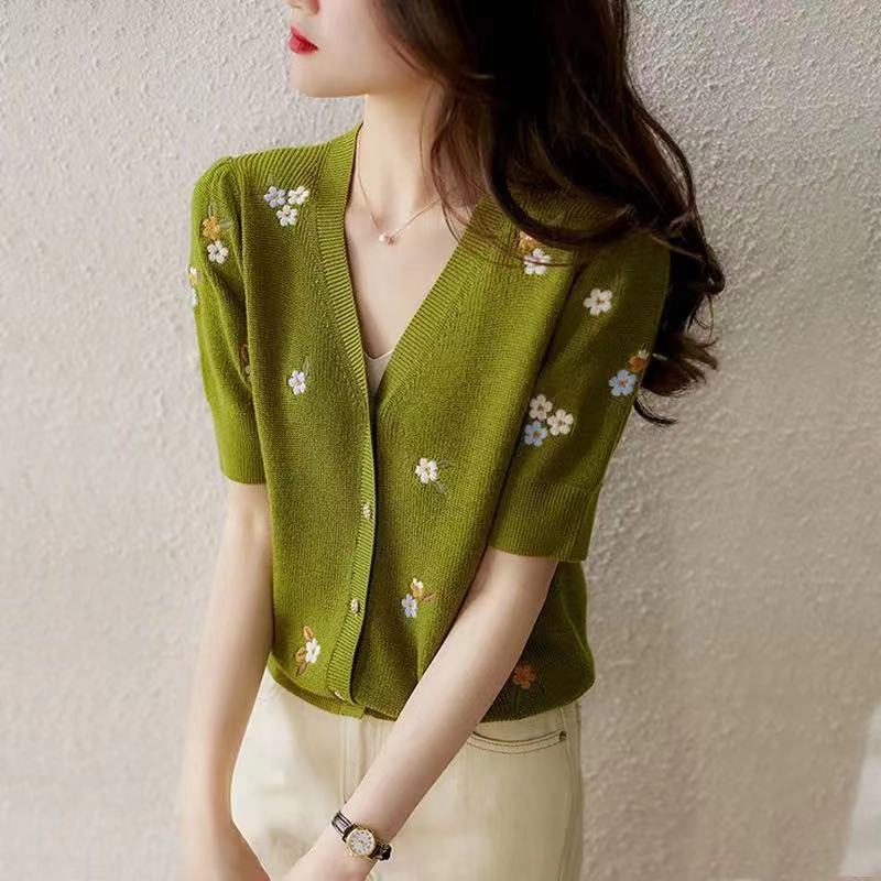 Áo Khoác Len Cardigan Cổ Chữ V Thêu Hoa Nhỏ Màu Sắc Tươi Tắn Trẻ Trung Cho Nữ