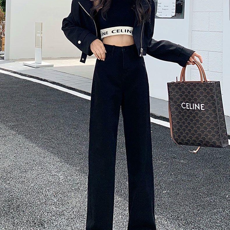 IELGYQuần Jean Đen Ống Rộng Lưng Cao Phong Cách Hàn Quốc Cho Nữ