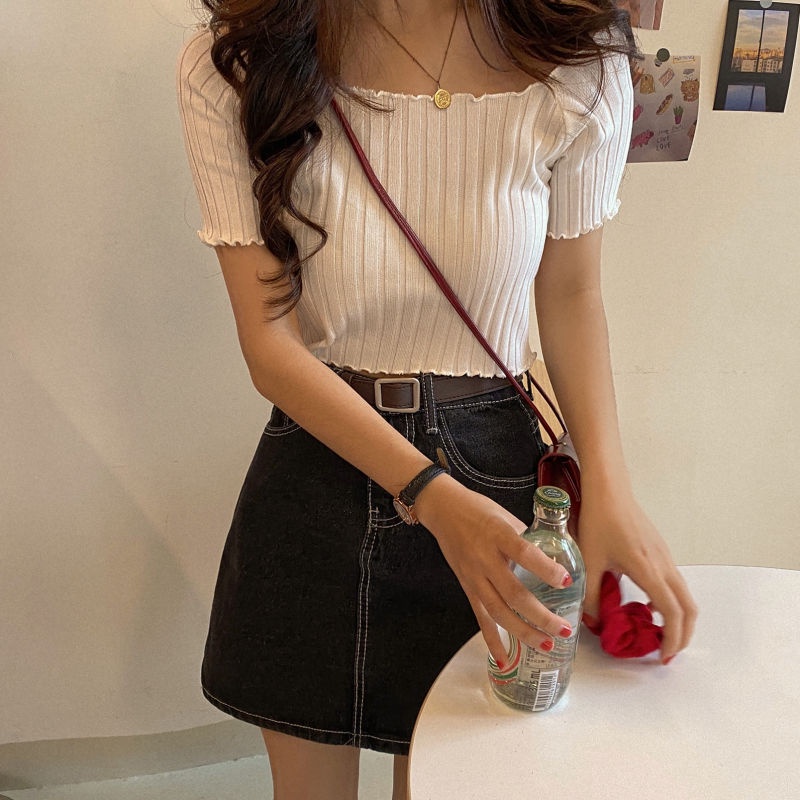 Áo thun COZOKC dệt kim tay ngắn cổ vuông dáng ôm thời trang