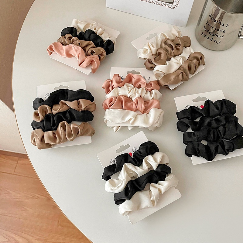 Set 4 Dây Buộc Tóc Vải Satin Màu Sắc Trơn Độ Co Giãn Cao Phong Cách Vintage