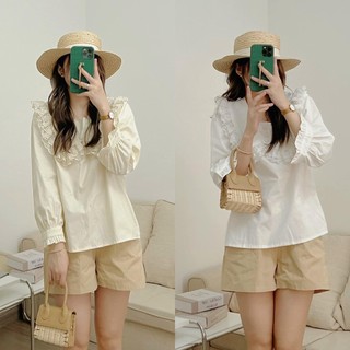 Áo sơ mi trắng cúc bọc viền ren tiểu thư phong cách retro