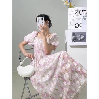 Đầm hoa dáng dài tay phồng ôm eo phong cách retro Pháp thời trang nữ