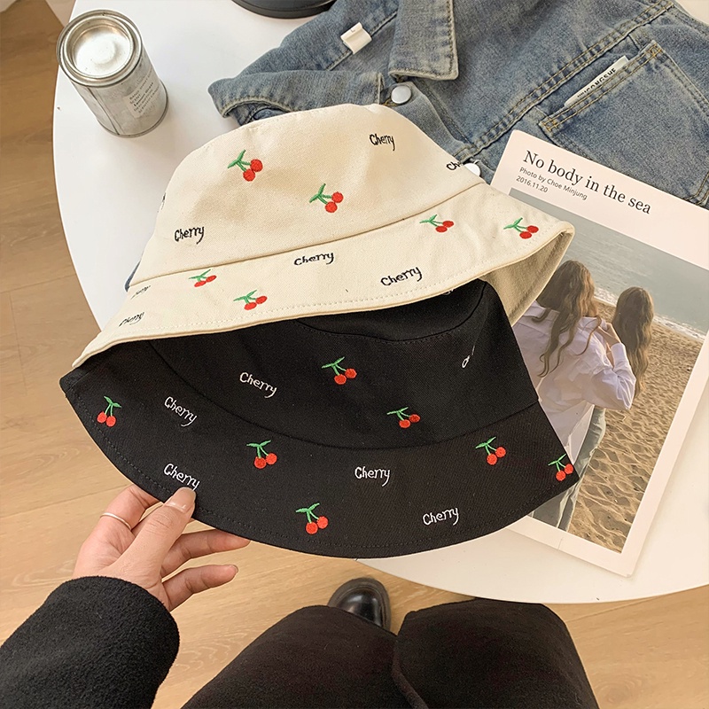 HMH®Mũ bucket vành ngắn thêu hoạ tiết anh đào cherry dễ thương chống nắng dành cho nữ