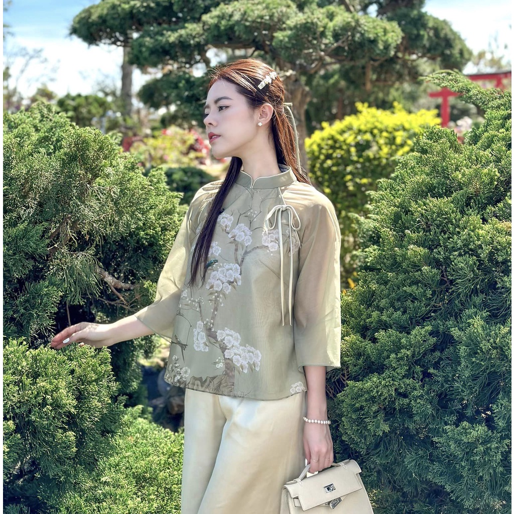 Bộ LAM đi chùa in hoa đào - sét áo đi lễ chùa hàng thiết kế 2023