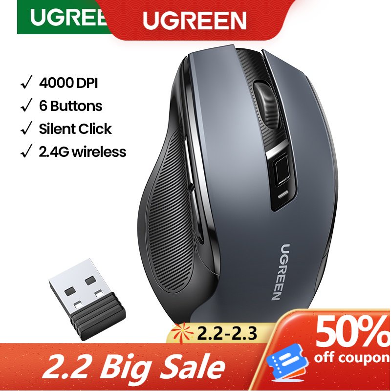Chuột không dây UGREEN 6 nút 2.4g với đầu nhận USB 5 cấp độ cài đặt 4000DPI thích hợp cho Laptop PC / Mac /Linux