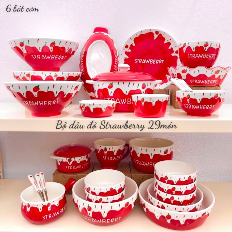 Set bộ bát đĩa Strawberry hình dâu gốm sứ cao cấp